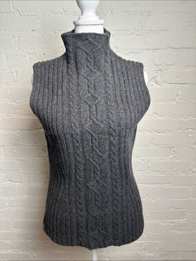 Ralph Lauren Mock Neck Sleeveless Gray Cable Knit Sweater Wool & Cashmere Shell